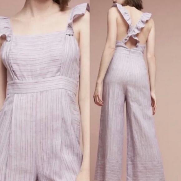 Anthropologie Nantucket Ruffled Jumpsuit Elevenses Size 8 Stripe Pink Lavender - Picture 1 of 16